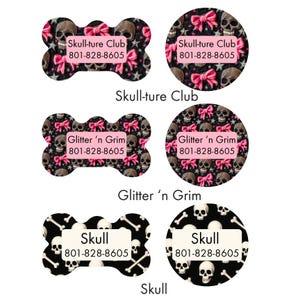Schedel en roze strik Halloween, imitatievilten en glitter, hondenpenning, kattenpenning, gepersonaliseerd