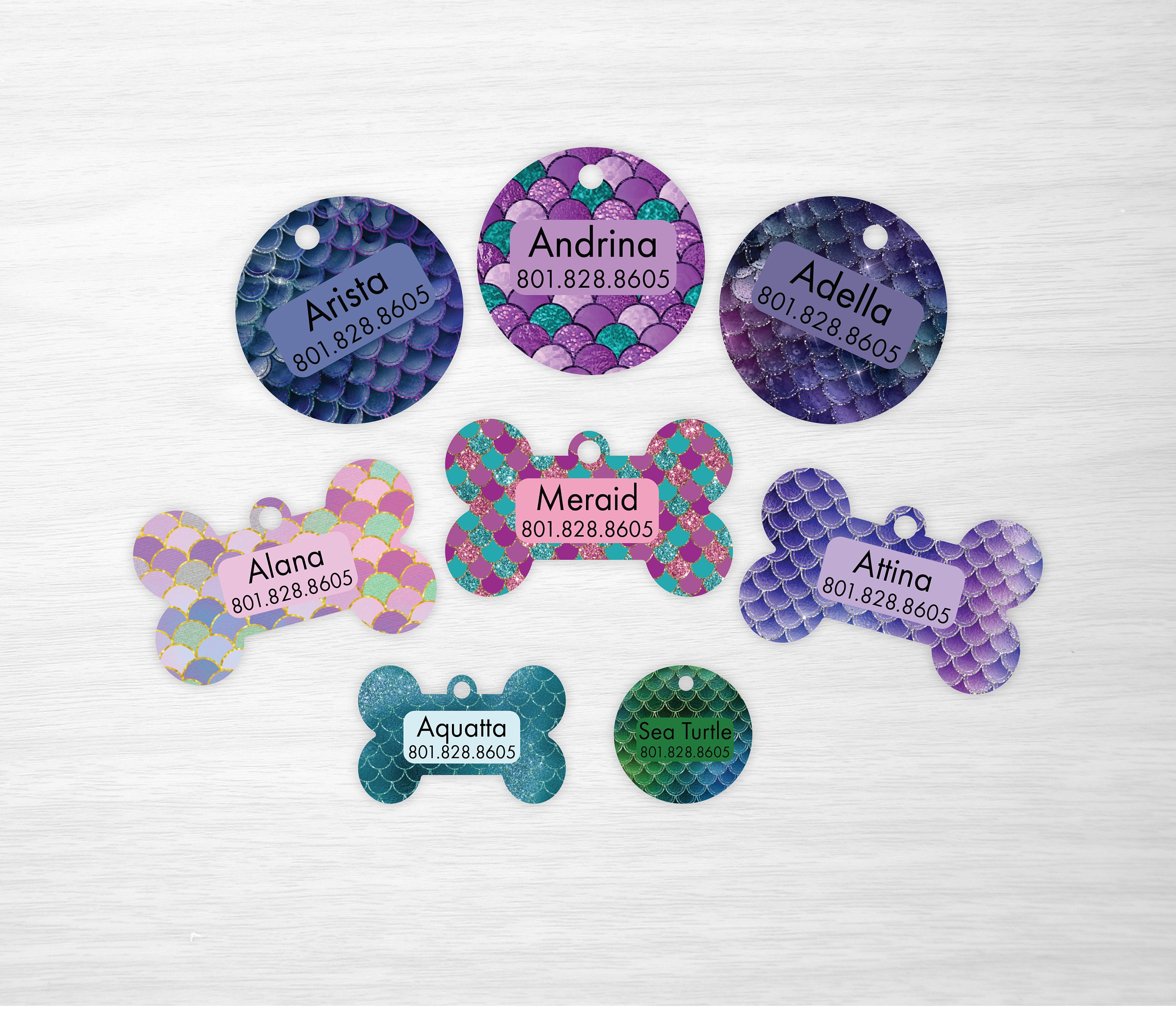 Mermaid Sparkling Collection - Personalized Pet Tags, Dog Tags for Dogs, Cat Tags (not actual glitter, design is printed on tag)