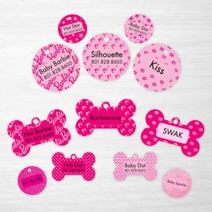 Collection Barbiecore - Médailles personnalisées pour animaux de compagnie, médailles pour chiens, médailles pour chats (pas de véritables paillettes, le motif est imprimé sur l'étiquette)
