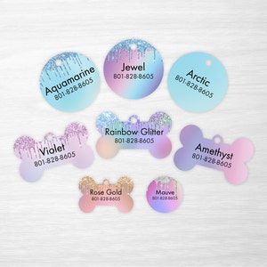 Collection pastel effet goutte à paillettes - Médailles personnalisées pour animaux de compagnie, médailles pour chiens, médaillons pour chats (pas de véritables paillettes, le motif est imprimé sur l'étiquette)