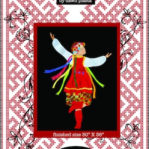 Peut inclure: Un modèle de courtepointe d'art numérique représentant une femme dans un costume folklorique rouge et blanc en train de danser. Le modèle est intitulé "She Dances" et est de Dawn Piasta. La taille finie est de 76 cm par 91 cm.
