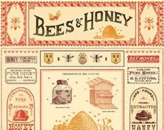 May include: A vintage illustration of bees and honey with a yellow and orange beehive, a red and white beehive, and various honey labels with text such as "Bees & Honey", "Pure Honey", "Two Pounds Pure Extracted Honey", and "Eat Honey".