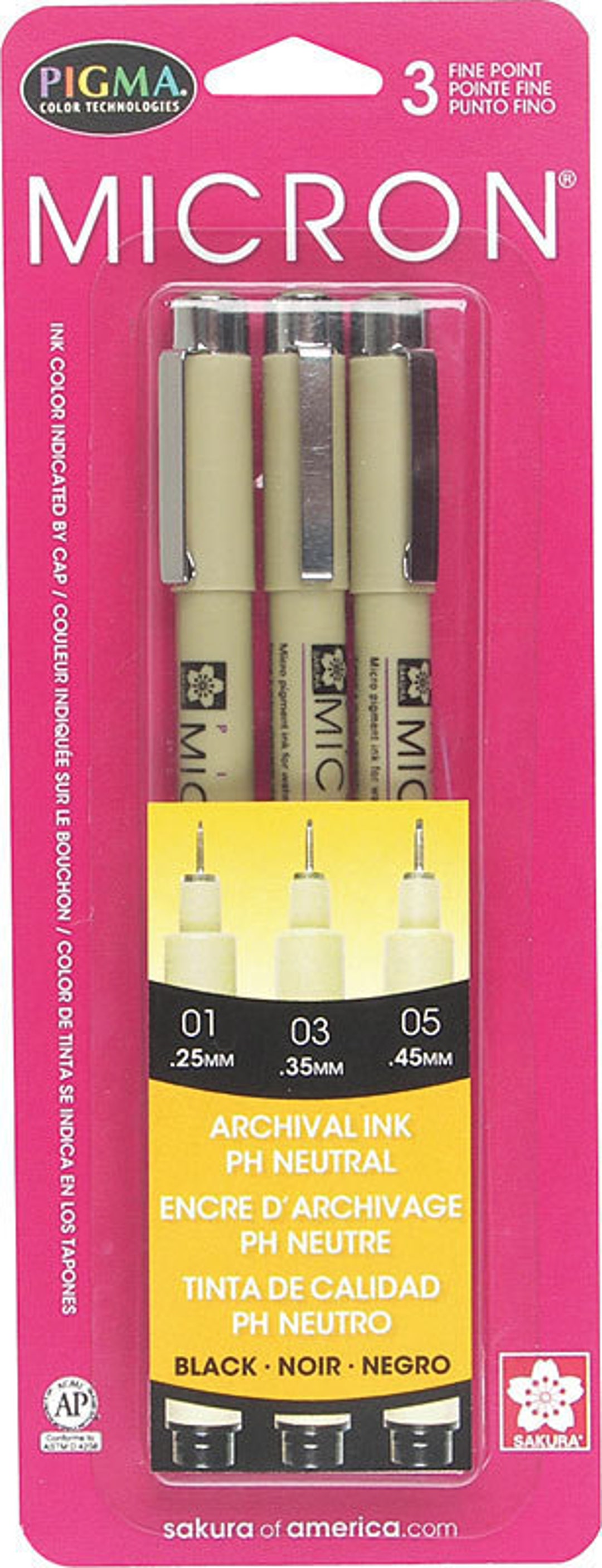 Sakura Pigma Micron Pigment Fineliner Pens 0.1/0.5mm/brush Black Ink  Blister Pack of 3 