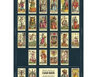 May include: A vintage-style tarot card poster with a dark blue background. The poster features numerous rectangular cards with detailed illustrations in various colors. The title "THE TAROT" is at the top. The bottom section includes text in Italian.