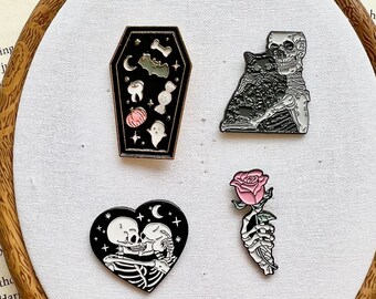 Gothic Love / Enamel Pin / Brooch / Bookish Enamel Pin / Bookish Gift / Reader Gift / Collectable / Skelton and Cat / Rose / Coffin