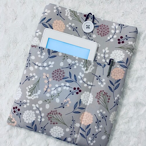 Pretty Grey Floral / Padded Book Sleeve / With Pockets / Button Closure / Bookish Gift / Reading Accessories / Kindle Sleeve / iPad Sleeve