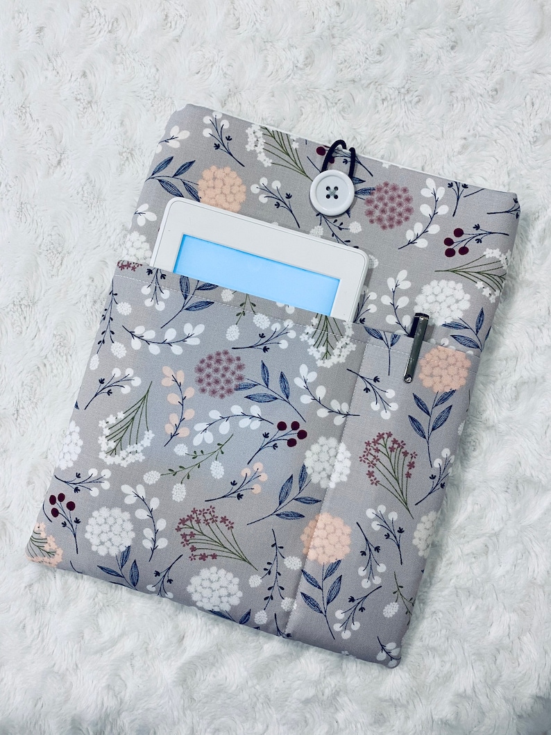 Pretty Grey Floral \/ Padded Book Sleeve \/ With Pockets \/ Button Closure \/ Bookish Gift \/ Reading Accessories \/ Kindle Sleeve \/ iPad Sleeve