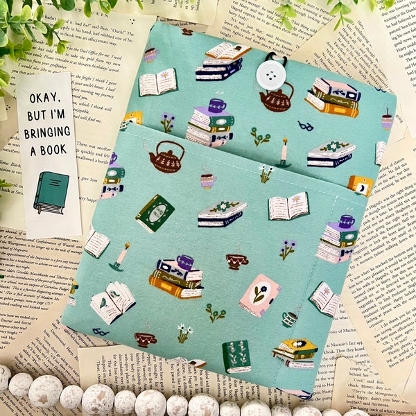 Teal Books and Tea / Flannel / Padded Book Sleeve / Pockets Available / Button Closure / Book Beau / Kindle Sleeve / Bookish Gift