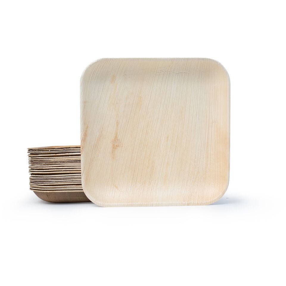Bamboo Type Palm Leaf Disposable Square Plates (100 plates) Bundled With Birchwood Knife (100 pieces) and Fork (100 pieces)