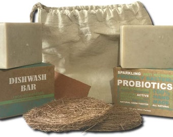 2 Probiotic Dish Bar Washing Soaps And 2 Free Utensils Coir Coconut Dish Pads, 100 Percent Zero-Waste and  Natural, Made By Artisans