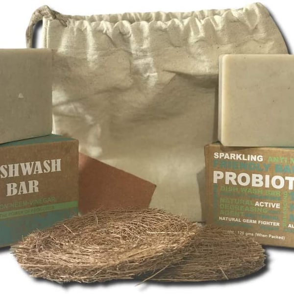 2 Probiotic Dish Bar Washing Soaps And 2 Free Utensils Coir Coconut Dish Pads, 100 Percent Zero-Waste and  Natural, Made By Artisans