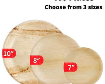 Bamboo Style Palm Leaf Disposable (100 plates) Eco-Friendly Round Plate Dinner Bundle, Eco-Chic Party Plate, 100 Forks & 100 Knives