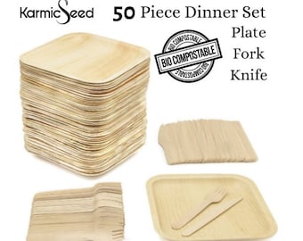 Bamboo Type Palm Leaf Disposable Square Plates (50 plates)  Bundled With Birchwood Knife (50 pieces) and Fork (50 pieces)