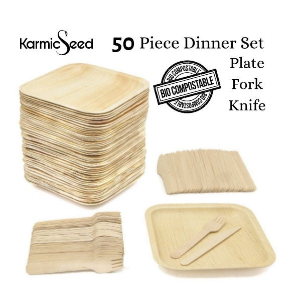 Assiettes carrées jetables en forme de feuille de palmier (50 assiettes) livrées avec un couteau en bois de bouleau (50 pièces) et une fourchette (50 pièces)