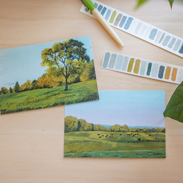 Country Landscape Art Print, Painted Postcard, Gouache Landscape, Gouache Art Print, Farm Landscape, Golden Hour Art, Farm Art, 4x6 Postcard