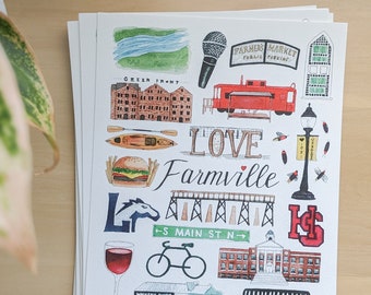 Farmville VA Art Print, Town Illustration, Farmville Art, Farmville Virginia, Farmville Art Print, City Map Art, Farmville Watercolor