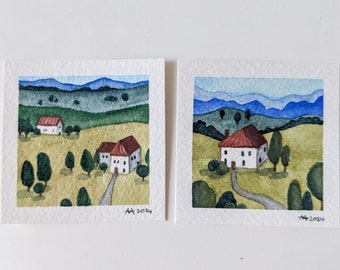 Original Tiny Watercolor Paintings, Tiny Paintings, Mini Paintings, Tiny Painting, Miniature Paintings, Miniature Art, Watercolor Landscape