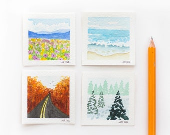 Four Seasons Art, Original Tiny Watercolor Paintings, Tiny Paintings, Mini Paintings, Tiny Painting, Miniature Painting, Miniature Art