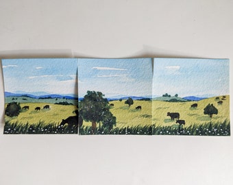 Set of 3 Original Tiny Paintings, Watercolor Cows, Mini Paintings, Tiny Painting, Miniature Paintings, Miniature Art, Watercolor Landscape