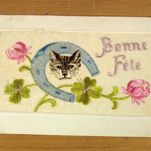 第一次世界大戦の刺繍シルクポストカード「ボンヌフェット」幸運の猫と馬蹄（K1）