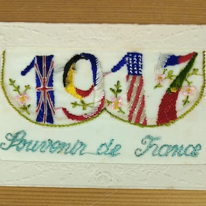 WW1 Geborduurde zijden ansichtkaart Souvenir De France 1917 (K1E)