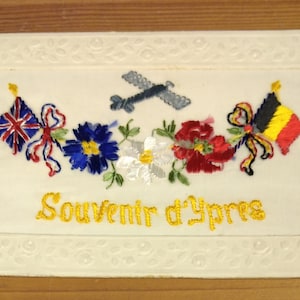 Carte postale en soie brodée de la Première Guerre mondiale, Souvenir D'Ypres Essuie-glaces avion (J1D)