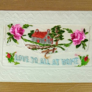 Carte postale en soie brodée WW1 Love To All At Home Country Cottage (L1F)