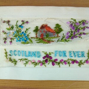 Carte postale en soie brodée WW1 Scotland For Ever Country Cottage (L1F)
