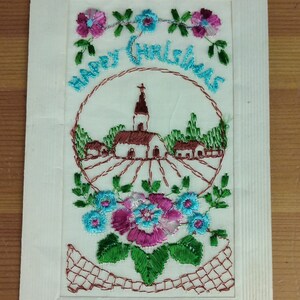 Cartão postal de seda bordado da 1ª Guerra Mundial, Feliz Natal, Igreja do País (M1)