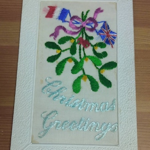 WW1 Bestickte Seidenpostkarte Weihnachtsgrüße Flags And Mistletoe (L1F)