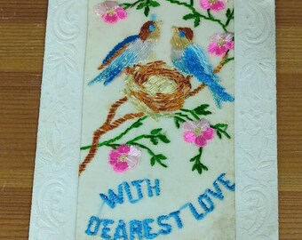 WW1 Embroidered Silk Postcard With Dearest Love Birds And Nest Named A.S.C. Soldier (H1A)