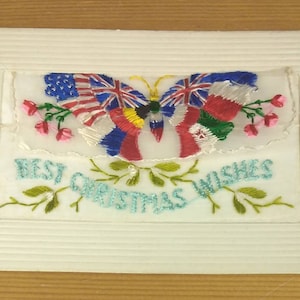 WW1 Bestickte Seide Postkarte Best Christmas Wishes Großer Patriotischer Schmetterling (L1B)