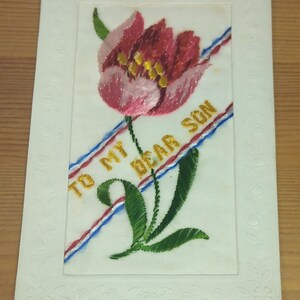 Postal de seda bordada de la Primera Guerra Mundial para mi querido hijo - Tulipán grande (J1D)
