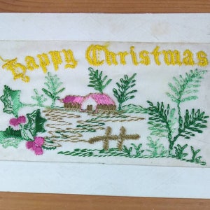 Cartão postal de seda bordado da Primeira Guerra Mundial, Feliz Natal, casa de campo (D1)