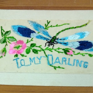 Bestickte Seidenpostkarte To My Darling Blue Libellen (L1C)