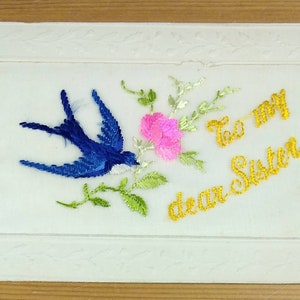 WW1 Carte postale en soie brodée à ma chère sœur Bluebird (N1)