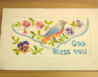 WW1 Embroidered Silk Postcard God Bless You Colourful Bird  (D1A)