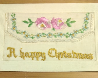 WW1 Embroidered Silk Postcard A Happy Christmas Sent By E Company Army Post Office S.23 Soldier  (D1A)