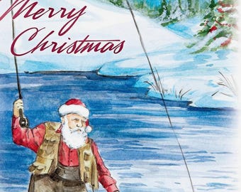 May include: A watercolor painting of Santa Claus wearing a red and white hat and a red shirt, fishing in a snowy winter scene. The text "Merry Christmas" is written in red at the top of the image.