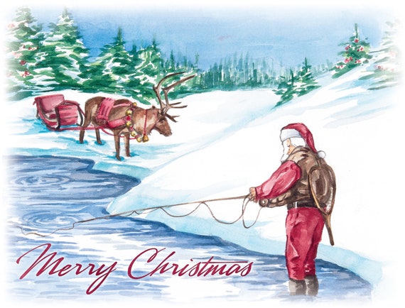 Fly-fishing Santa and Reindeer. Christmas Card 