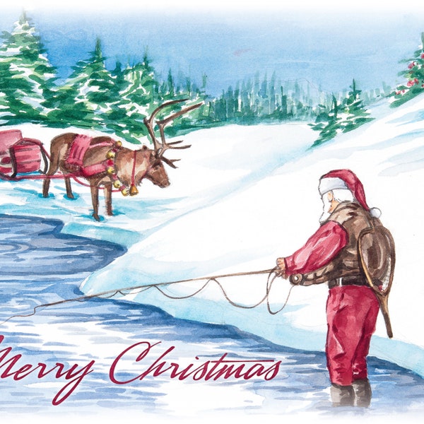 Fly-fishing Santa and Reindeer. Christmas card