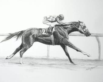 May include: A black and white pencil drawing of a racehorse running with a jockey on its back. The horse is wearing a bridle and a number "2" on its side. The jockey is wearing a helmet and a racing uniform.