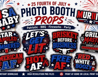 4 juli rekwisieten afdrukbaar | 25 rekwisieten voor patriottische barbecuefeesten | Grappige Fourth of July-borden | Feestdecoraties VS en Amerika| Direct downloaden