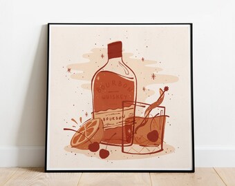 Printable Whiskey Cocktail Wall Art / INSTANT DIGITAL DOWNLOAD / print at home bar art / manhattan / old fashioned / retro poster wall decor