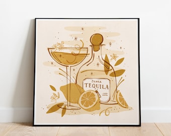 Printable Tequila Cocktail Illustration Wall Art / INSTANT DIGITAL DOWNLOAD / print at home  bar art / margarita / retro poster / wall decor