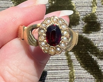 18k Gold Rare Antique Victorian Garnet and Seed Pearl Fede Ring, Fede Hand Ring, Irish Claddagh Ring