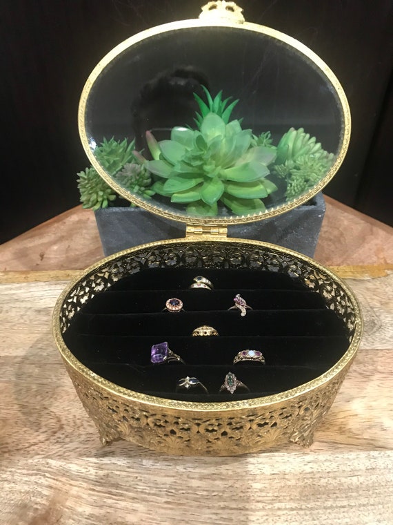 Vintage Filigree Jewelry Casket Multi Ring Box Wit