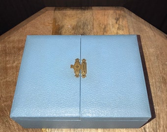 Vintage Double Door Jewelry Box, Blue Leather, Multi Ring Box, Jewelry Case, Mid Century Modern