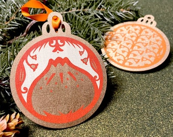 Handmade Dumpling Ornament: Metallic Gold Wood, Screen Printed