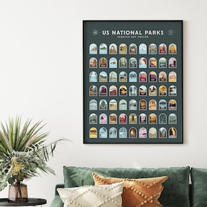 Poster liste de contrôle à gratter pour les parcs nationaux des États-Unis - Les 63 parcs nationaux - 16 x 20 pouces